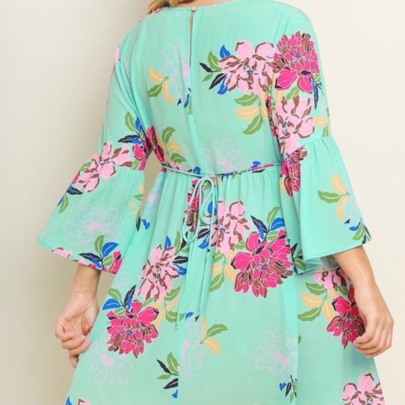 Umgee Plus Mint Floral Keyhole Back Babydoll Dress - Picture 4 of 6